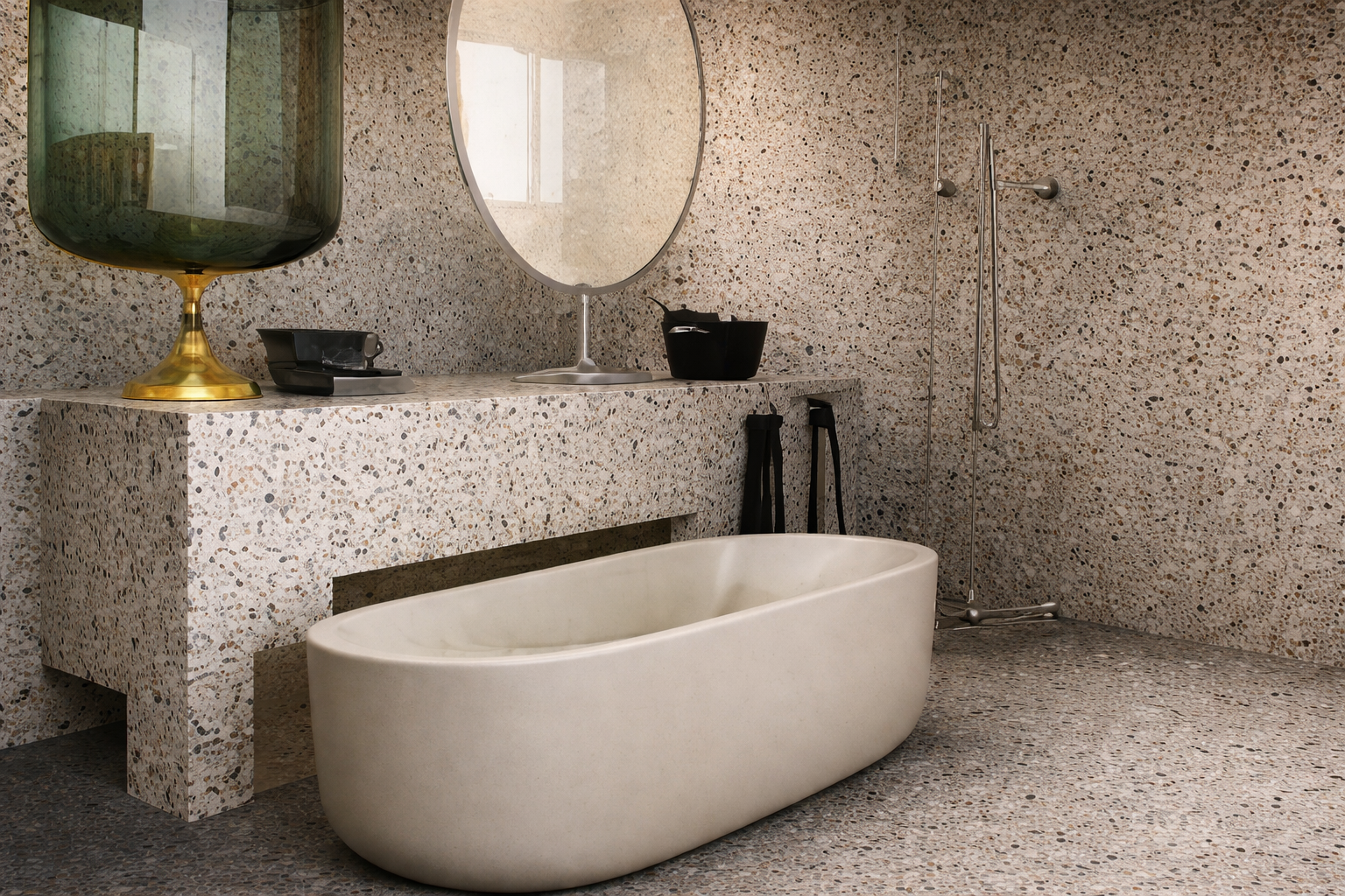 Beschermde terrazzovloer in badkamer